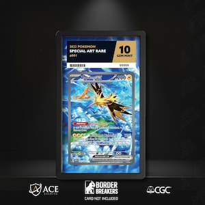 May include: A graded Pokémon card featuring Zapdos ex, a Special Art Rare from 2023. The card is graded Gem Mint 10, with a serial number of 99999. The card has a blue and white background with a depiction of Zapdos.