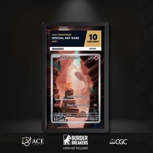 May include: A graded Pokémon card featuring a Charmander illustration. The card is labeled "2023 Pokemon Special Art Rare" and graded as "Gem Mint 10". The card's artwork depicts a fiery landscape with a Charmander character.