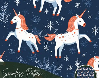 May include: A seamless pattern featuring white unicorns with orange manes and tails on a dark blue background with white snowflakes. The unicorns have orange spots and are wearing a pearl necklace. The pattern is 12 inches by 12 inches and 300 DPI.