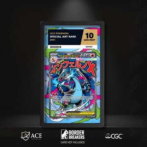 May include: A graded Pokémon card featuring Mega Charizard X, with Japanese text and a vibrant blue and pink design. The card is graded a 10 Gem Mint and is from the 2023 Special Art Rare series.