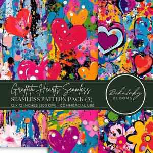 May include: A digital paper pack with three seamless patterns featuring colourful hearts and paint splatters on a black background. The text "Graffiti Hearts Seamless" and "Boho Inky Blooms" is included in the design. The patterns are 12 x 12 inches (300 DPI) and are for commercial use.