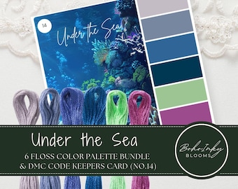 Embroidery Threads Color Palette Pack Under the Sea (14) 6 Skeins Embroidery Floss, Use DMC Code, 100% Cotton Floss, Thread Pack and Card