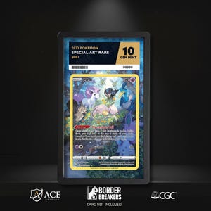 May include: A graded Pokémon card featuring the character Mew, labeled as a 2023 Special Art Rare. The card is graded a 10 Gem Mint. The card's artwork depicts various Pokémon in a forest setting. The card is in a protective case.