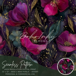 Peut inclure: Motif numérique sans couture avec des fleurs à l'aquarelle dans des tons de violet profond et magenta, avec des accents dorés et du feuillage. Le texte "Boho Inky Blooms" est affiché en écriture manuscrite. Le motif est de 30.48 cm x 30.48 cm.