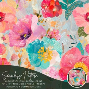 Pode incluir: Impressão digital sem costura com um design floral vibrante com flores rosa, vermelhas, azuis e amarelas sobre um fundo branco. A impressão mede 30,5 cm x 30,5 cm e 300 DPI.  BLOOMS.