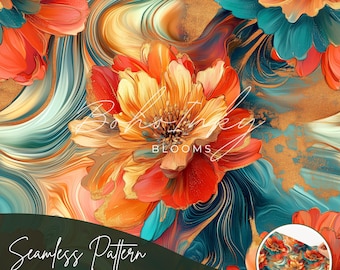 Orange Floral Swirl Alkohol Tinte, Fliesenmuster, Tapete, Sublimation, Marmor, Alkohol Tinte Blume, helles Blumenmuster, kommerziell