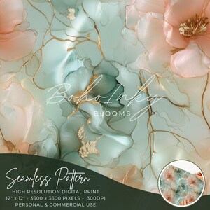 May include: Seamless digital pattern featuring abstract floral shapes in shades of pink, green, and gold. The pattern is 12 inches by 12 inches and has a resolution of 3600 by 3600 pixels at 300 DPI. The text "boho inky blooms" is visible in the centre of the image.