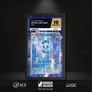 May include: A graded Pokémon card featuring a Poliwhirl illustration. The card is encased in a black holder with text that reads "2023 Pokemon Special Art Rare #001" and "10 Gem Mint". The card is graded by CGC.