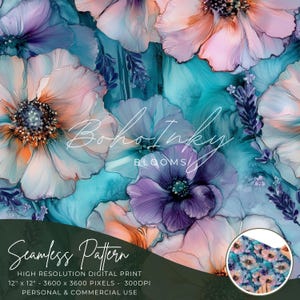 Dreamy Wildflowers Alcohol Ink Liquid Effect Seamless Pattern Digital, Seamless Print, Sublimation | Boho, Floral, Lavender