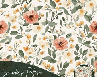 May include: A seamless pattern featuring a repeating design of pink, yellow, and white flowers with green leaves on a white background. The pattern is 12 inches by 12 inches and has a resolution of 3600 by 3600 pixels at 300 DPI. It is suitable for both personal and commercial use.