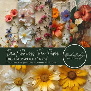 Papel digital con flores secas, papel digital con motivos florales, paquete de papel digital imprimible, uso comercial, fabricación de tarjetas, papel para manualidades