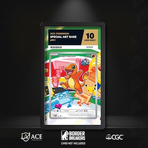 May include: A graded Pokémon trading card featuring Charmander, a fire-type character. The card is labeled "2023 Pokémon Special Art Rare #001" and graded as "10 Gem Mint." The card is encased in a black holder with grading logos.