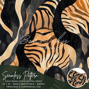 Peut inclure: Impression numérique de motif sans couture avec un motif de rayures de tigre en noir, marron et orange. Le motif mesure 12 pouces sur 12 pouces et a une résolution de 3600 x 3600 pixels à 300 DPI. Cette impression est destinée à un usage personnel et commercial.
