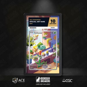 Peut inclure: Une carte à collectionner Pokémon encadrée représentant Bulbasaur dans une scène illustrée vibrante. La carte est classée Gem Mint 10, avec du texte indiquant qu'il s'agit d'une Special Art Rare 2023. La carte est dans un cadre noir.