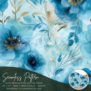Motif sans couture d'encre à alcool de fleurs bleues, numérique, impression transparente, sublimation, bohème, floral, encre à l'alcool, personnel et commercial