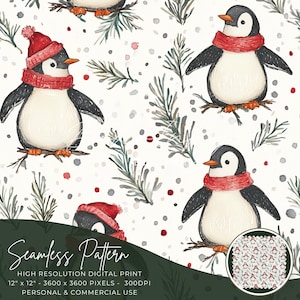 Può includere: Motivo senza cuciture con illustrazioni ad acquerello di pinguini che indossano cappelli e sciarpe rosse, circondati da rami di pino e fiocchi di neve. Il motivo è perfetto per progetti e lavori manuali a tema invernale.