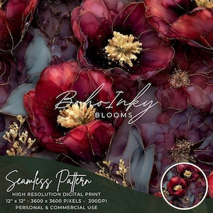 Puede incluir: Patrón sin costuras con flores estilo acuarela en rojo intenso y dorado. El diseño incluye el texto "Boho Inky Blooms" y "Seamless Pattern". La imagen es una impresión digital de alta resolución de 30,48 cm x 30,48 cm.