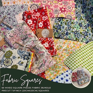 50 Mix Fabric Squares Bundle, Precut 7.8&quot; (20cmx20xm) Squares, Quilting Fabric, Fabric Bundle, Cotton, Fabric, Sewing, Material, Precuts