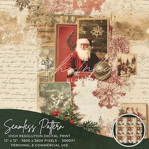 Vintage Christmas Seamless Pattern Digital, Seamless Print, Sublimation | Christmas, Nostalgic, Santa, Holidays | Commercial