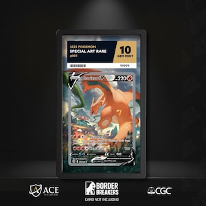 May include: A graded Pokémon Charizard V card, featuring a vibrant orange dragon illustration. The card is encased in a black holder with the text "2023 Pokémon Special Art Rare" and a "Gem Mint 10" grade. The card is from Border Breakers.
