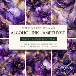 Alkohol Tinte Amethyst Dunkel Lila Nahtlose Muster Bundle Digital, Nahtloser Druck, Sublimation, Lila, Dunkel Stimmung, Gold, Floral, Kommerziell