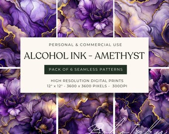 Alcohol Ink Amethyst Dark Purple Seamless Pattern Bundle Digital, Seamless Print, Sublimation, Purple, Dark Moody, Gold, Floral, Commercial