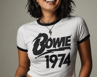 David Bowie Ziggy Stardust 1974 Crop Top Women's Ringer Tee | Vintage Glam Rock T-shirt, 70s