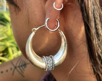Silver Plated Tribal Hoop Earrings, Boho Ethnic Style