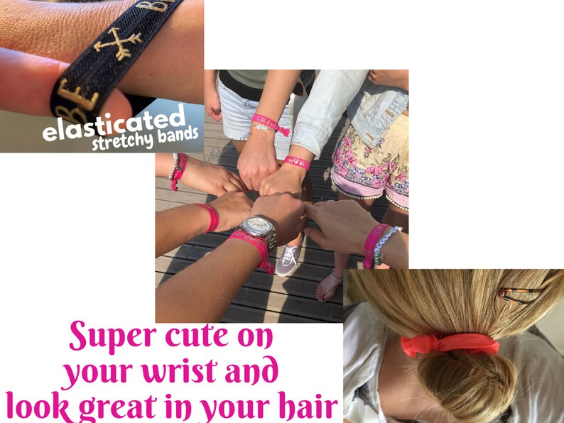 May include: Pink elastic hair ties and bracelets with the text "elasticated stretchy bands" on a black band. The hair ties are shown in a bun and on wrists.