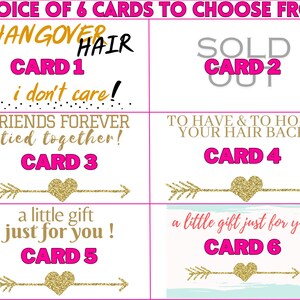 May include: Six cards with gold glitter hearts and arrows. The cards have different sayings, including "Hangover Hair, I don't care!" and "Friends Forever, tied together!"