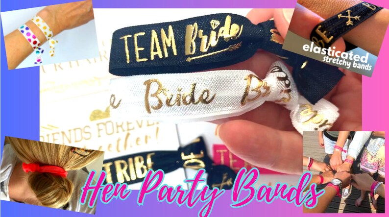 May include: A set of elastic hair ties with gold lettering. The hair ties are black, white, and gold. The text on the hair ties includes "Team Bride", "Bride Tribe", and "Friends Forever Together".