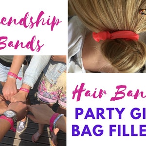 May include: A group of friends wearing pink friendship bracelets. The bracelets are made of elastic and have a small charm on each one. The text "Friendship Bands" is written in pink letters on the top of the image. The text "Hair Bands PARTY GIFT BAG FILLERS" is written in purple letters on the bottom of the image. A woman is wearing a pink hair tie in her hair.