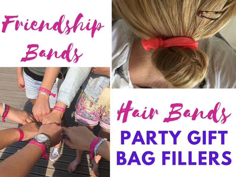 May include: A group of friends wearing pink friendship bracelets. The bracelets are made of elastic and have a small charm on each one. The text "Friendship Bands" is written in pink letters on the top of the image. The text "Hair Bands PARTY GIFT BAG FILLERS" is written in purple letters on the bottom of the image. A woman is wearing a pink hair tie in her hair.