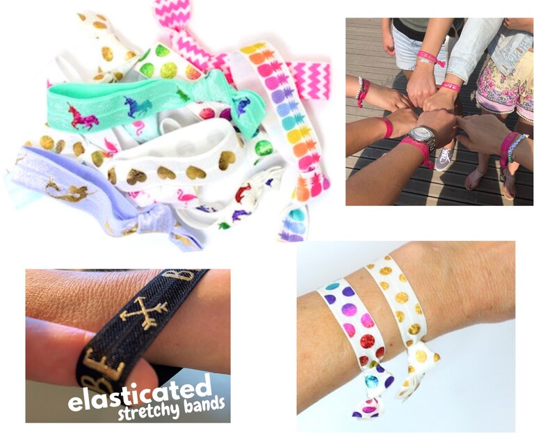 May include: A variety of colorful elastic hair ties with different patterns, including pineapples, hearts, and unicorns. The hair ties are on a white background. The text "elasticated stretchy bands" is written below the image.