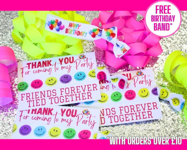 May include: Two white thank you cards with colorful smiley faces and the text "Thank you for coming to my party" and "Friends Forever Tied Together". The cards are on a silver glitter background with pink and yellow ribbon bows and a neon yellow headband with the text "Happy Birthday!"