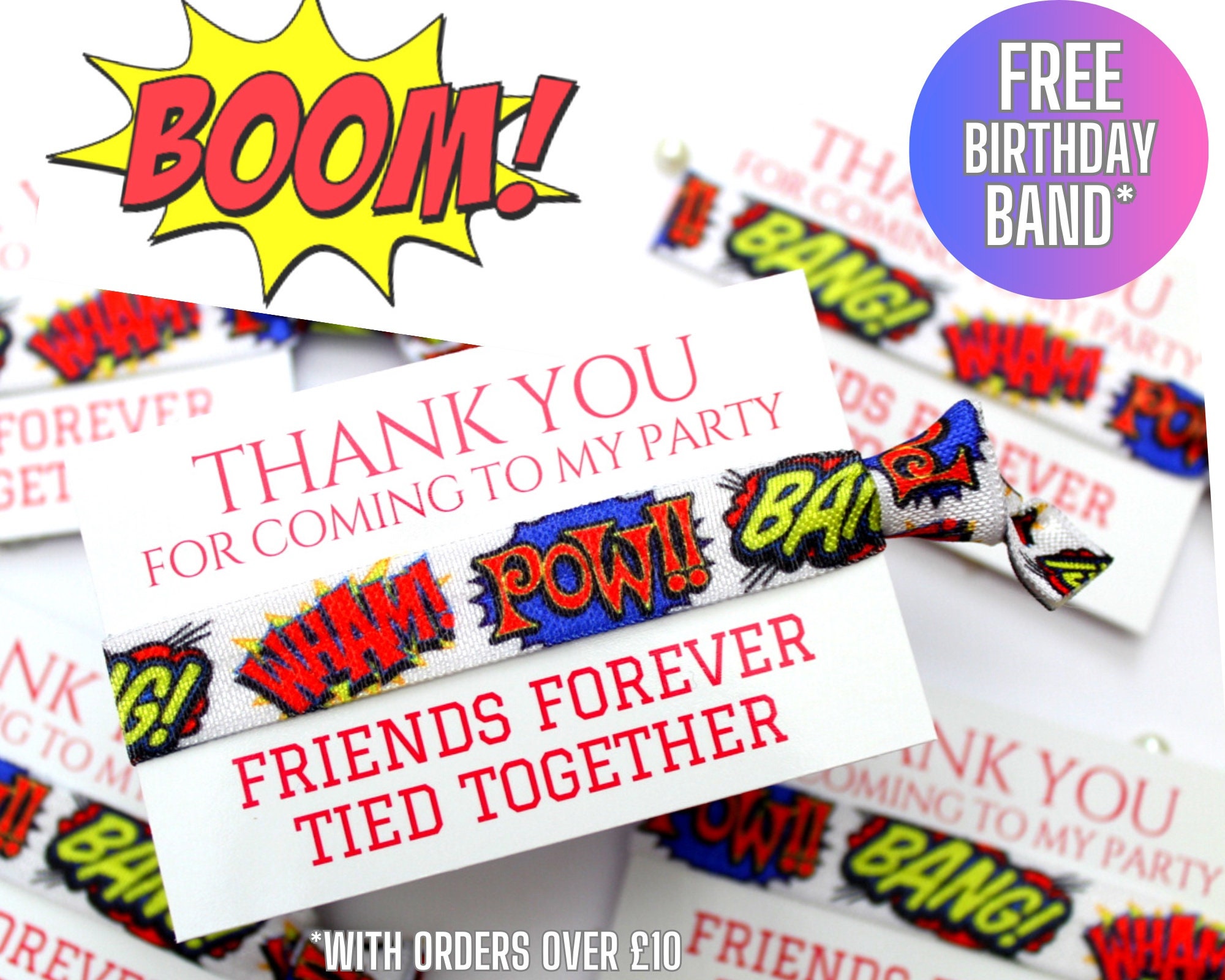 Super Hero Themed Party for BOYS - BANG wham POW wow Party Favours - Personalised Thank You - Kids Party Bag Filler Ideas - Friendship band