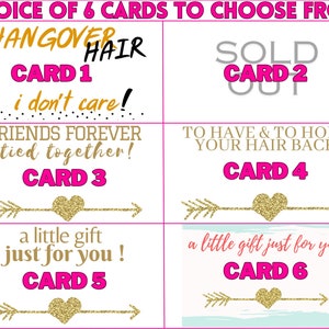 May include: Six cards with gold glitter hearts and arrows. The cards have different sayings, including "Hangover Hair, I don't care!" and "Friends Forever, tied together!"