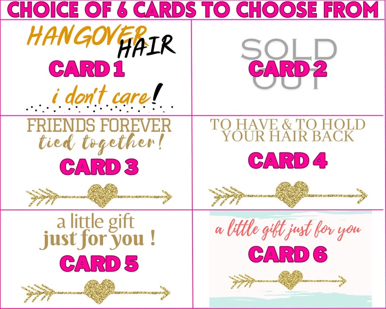 May include: Six cards with gold glitter hearts and arrows. The cards have different sayings, including "Hangover Hair, I don't care!" and "Friends Forever, tied together!"