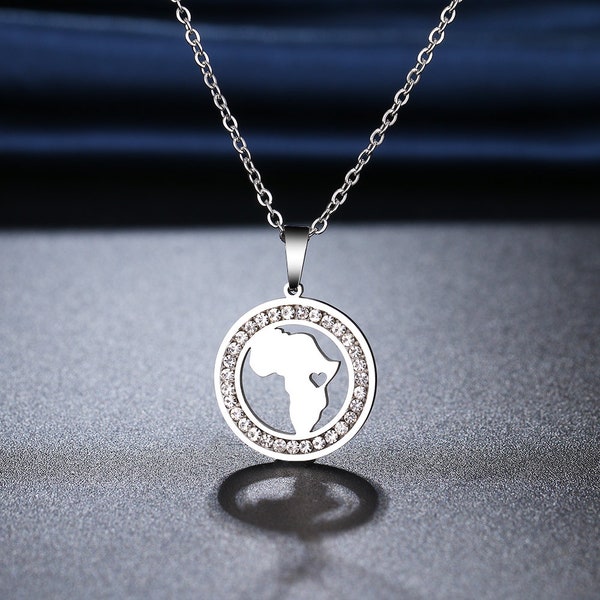 Africa Map Necklace Silver * African Pendant Charm Necklace CZ Diamonds Chain * Dainty Silver Pendant Jewelry for Women * Missionary Gift