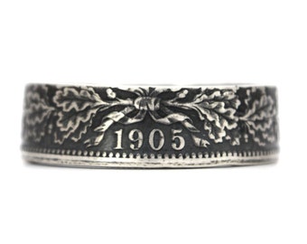 Anillo de moneda del Imperio alemán, 1 marco, plata 900, talla 7-11, hecho a mano, joyería de monedas