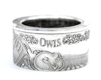 Anillo de moneda anillo de moneda Tokelau 5 dólares motivo "búho enmascarado australiano" 999 plata 1 onza de plata tamaño 9 - 15 moneda de anillo hecha a mano