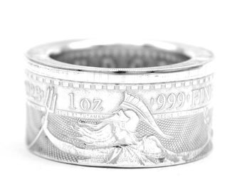 Anillo de moneda GB 2 Pounds Britannia 999 Plata 1 Onza Plata Tamaño 9 - 15 Moneda de anillo hecha a mano