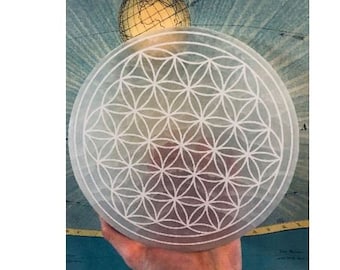 May include: A round, white selenite crystal plate with a Flower of Life pattern. The plate is held in a hand, with a vintage map and globe in the background. The plate measures approximately 6 inches in diameter.