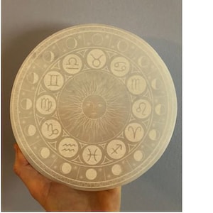 E444 Etched selenite charging plate, zodiac  calendar, constellations, astrology Selenite Charging Plate,Charge And Cleanse Your Crystals