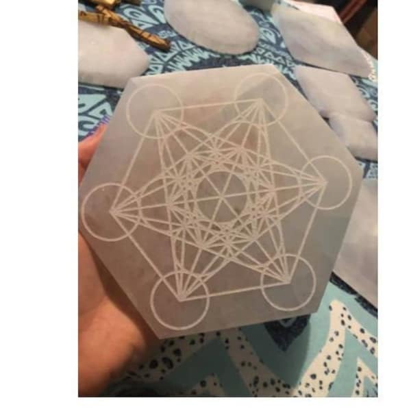 Selenite Metatron's Cube Plate, Sacred Geometry Crystal Grid, Healing Stone