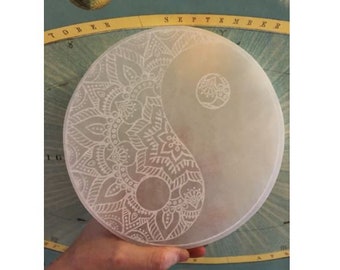 Selenite Charging Plate 8” diameter, absolutely HUGE, etched selenite with a yin yang design