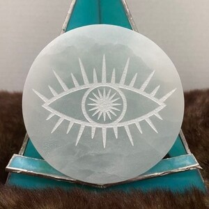 Selenite Charging Plate, Sun Eye A5060, Charge + Cleanse Your Crystals, etched selenite plate made in Appleton, WI USA