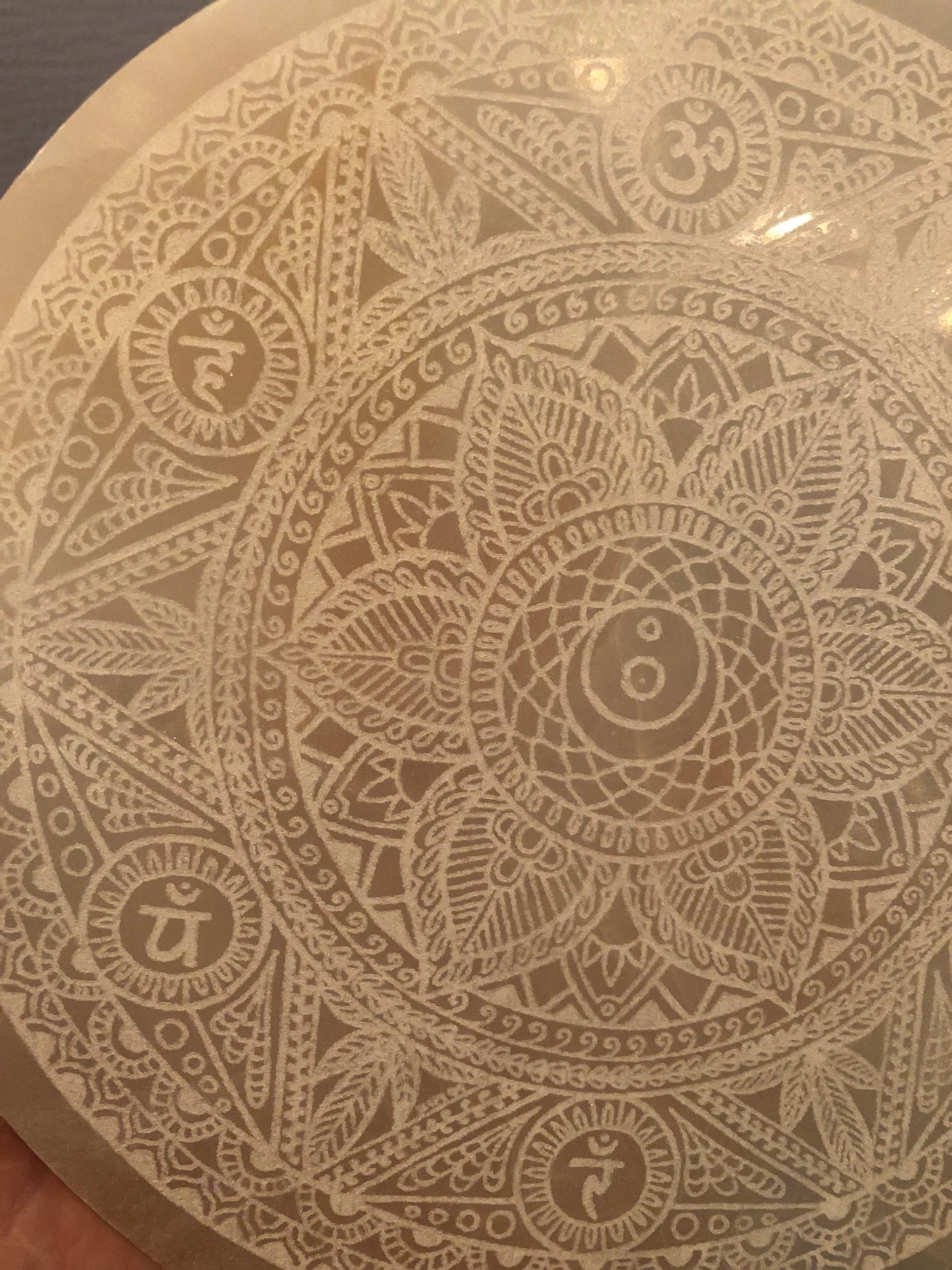 CrystalsAhoy Etched Mandala Selenite Charging Plate - 8 Inch, 100% Genuine, Ethically Sourced
