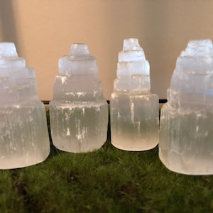 Set of 4 Selenite Towers, .5lb set carved selenite towers, Room Protection Kit, Cleansing Kit, Selenite Kit,