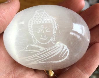 Etched selenite Palm Stone, Buddha, Meditation, Healing Stone, Third Eye Chakra, Crown Chakra, Cleansing, Angel Communication,